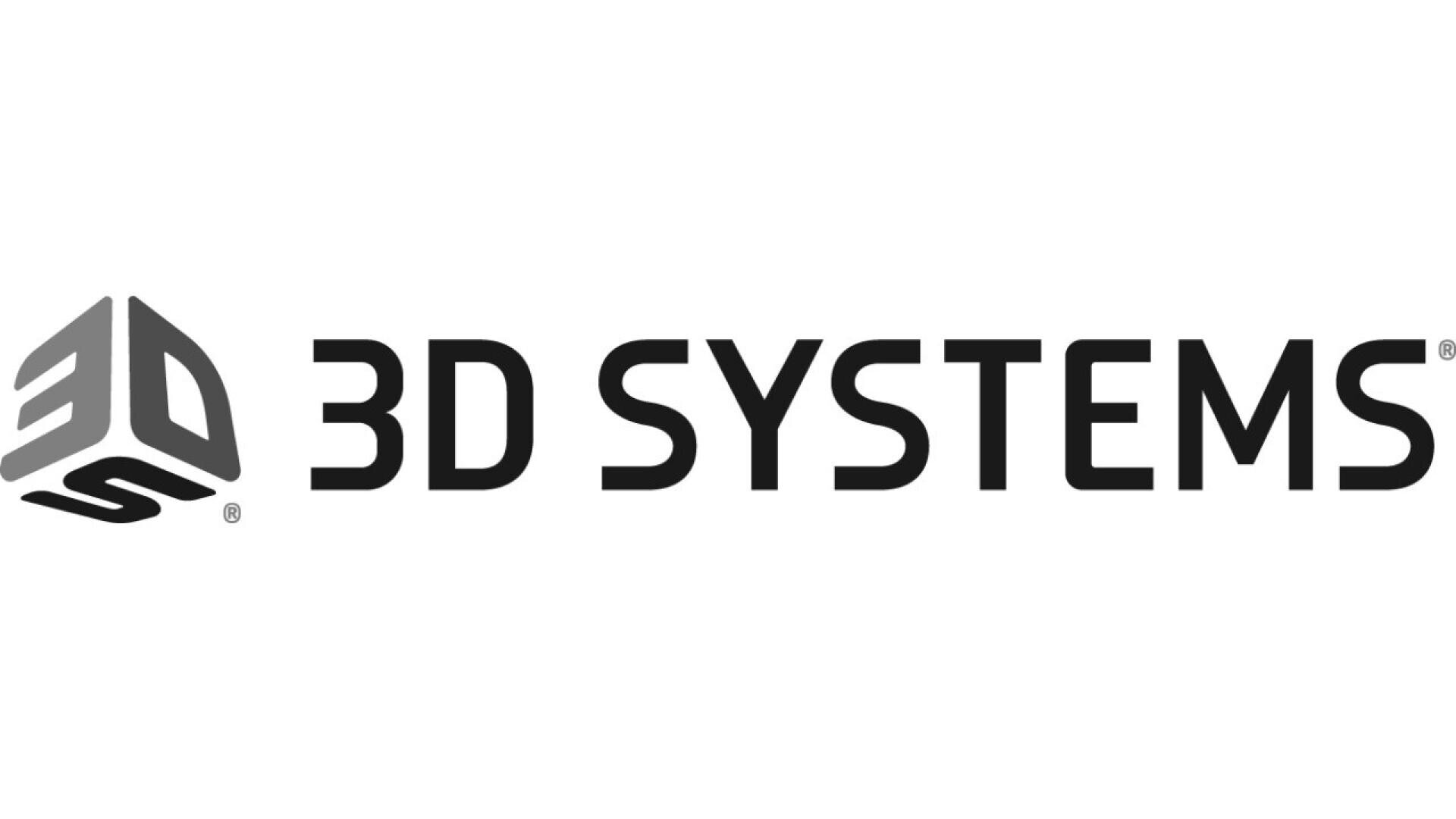 The image shows the 3D Systems logo, featuring a gray geometric cube with the letters 3D on the left, followed by the words 3D SYSTEMS in bold black letters on a white background.