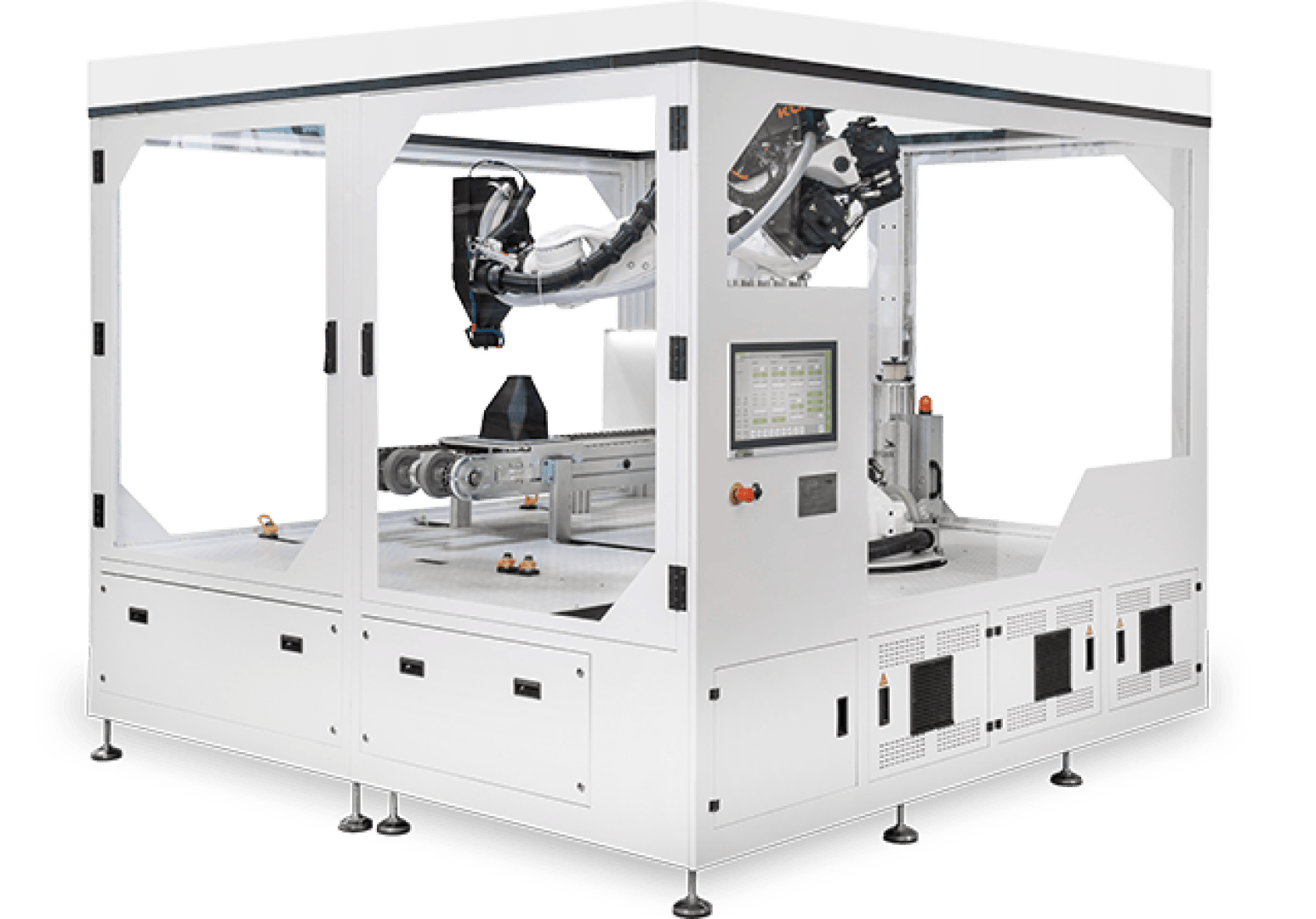 Eine große, geschlossene Industrierobotermaschine mit mechanischem Arm, Touchscreen-Steuerung und transparentem Gehäuse, die für automatisierte Fertigungs- oder 3D-Druckprozesse entwickelt wurde.