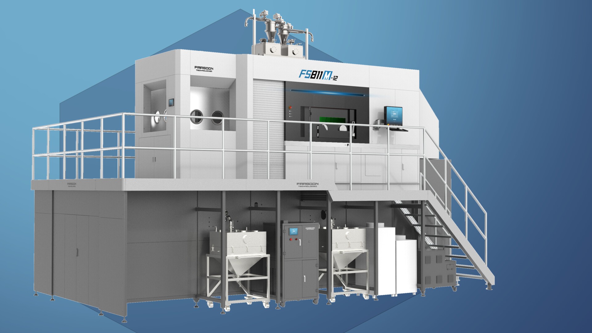 Ausgestellt ist eine große industrielle 3D-Druckmaschine mit der Bezeichnung FS811M. Im Text wird ihre Verwendung für die Massenproduktion von Teilen hervorgehoben. Sie verfügt über bis zu 12 500-W-Laser und einen Bauzylinder mit den Abmessungen 840 x 840 x 960 mm³.