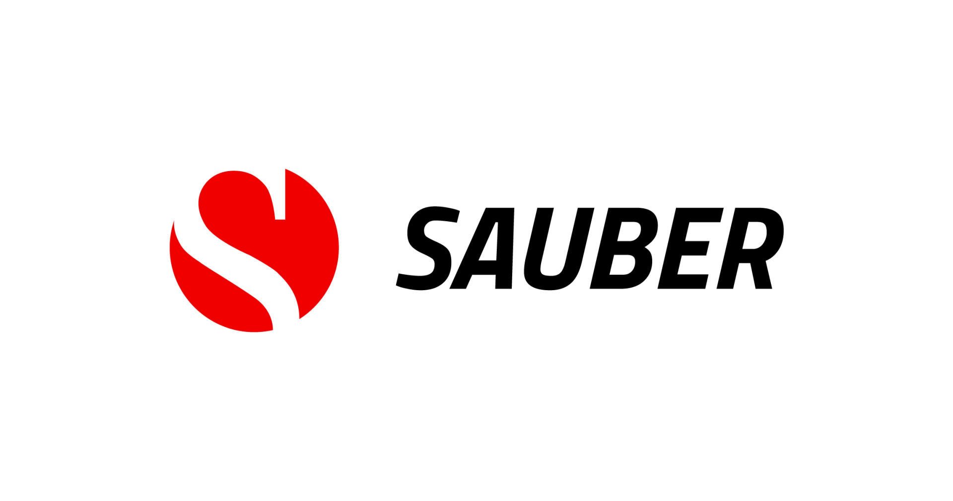 Das Bild zeigt das Sauber-Logo: ein rotes, rundes Emblem mit einem stilisierten weißen S darin, neben dem Wort SAUBER in fetten, schwarzen Großbuchstaben auf weißem Hintergrund.