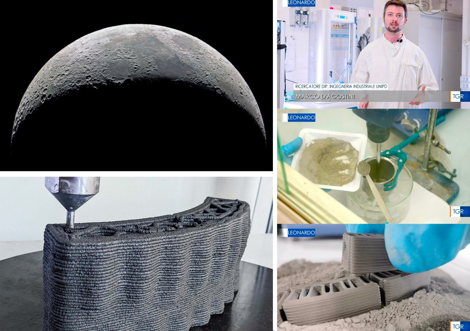 A collage shows the Moon’s surface, a man in a white lab coat, mixing regolith-like powder with liquid, and a 3D printer creating curved, layered structures from the mixture, suggesting lunar construction technology.