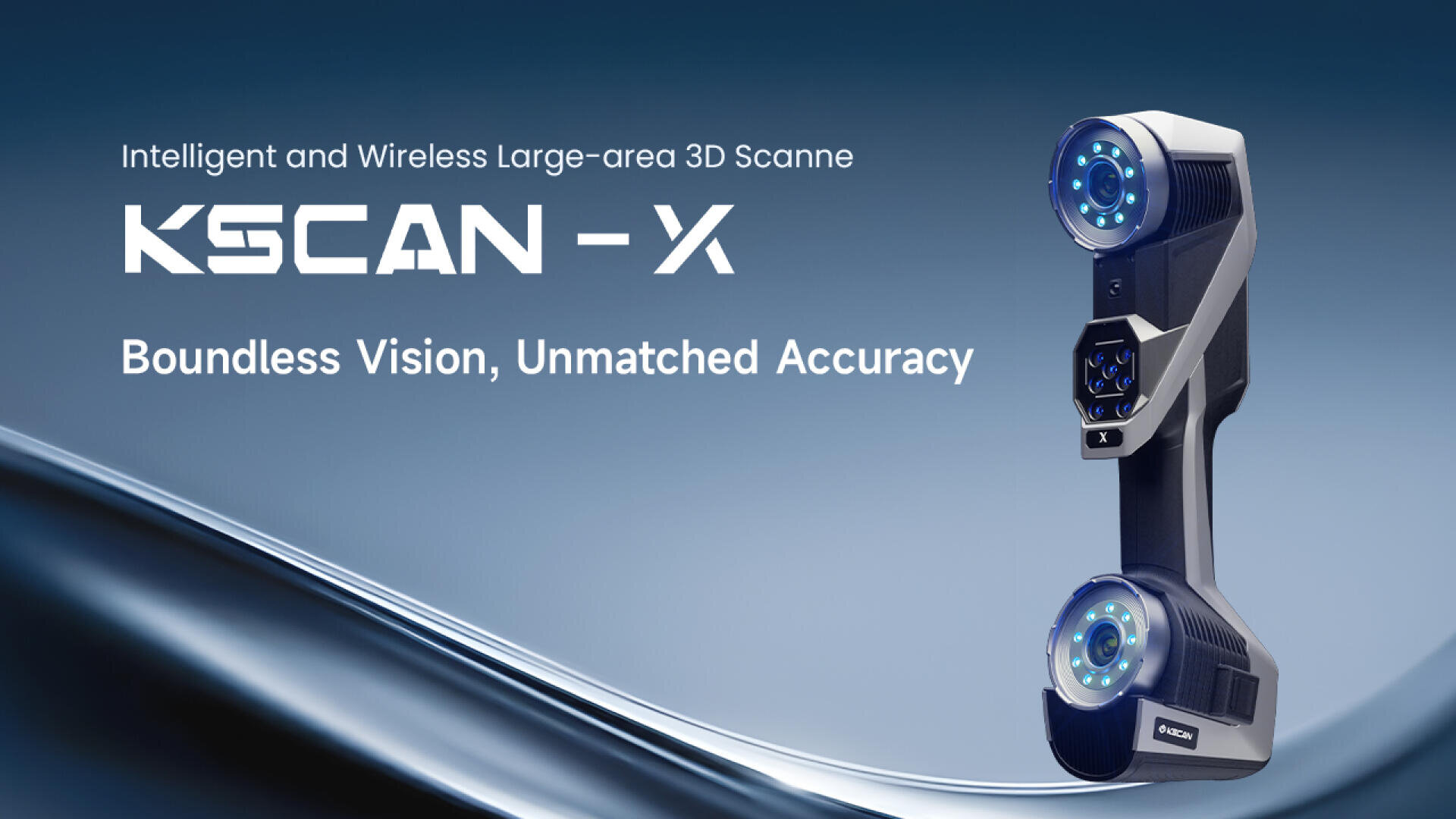 A promotional image for the KSCAN-X 3D scanner, featuring the device with glowing blue sensors and text: “Intelligent and Wireless Large-area 3D Scanner,” “KSCAN-X,” and “Boundless Vision, Unmatched Accuracy.”.