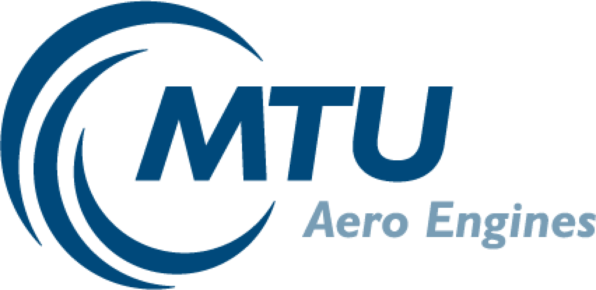 Das Logo von MTU Aero Engines zeigt die Buchstaben MTU in fettem Blau, teilweise umgeben von drei geschwungenen Linien, mit Aero Engines in kleinerer blauer Schrift rechts.