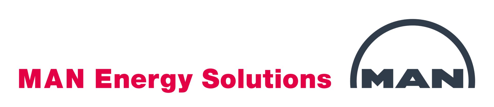 Logo von MAN Energy Solutions. Links steht der Schriftzug MAN Energy Solutions in fetten rosa Buchstaben, rechts das MAN-Logo mit einer darüber geschwungenen Linie in Dunkelgrau. Der Hintergrund ist weiß.