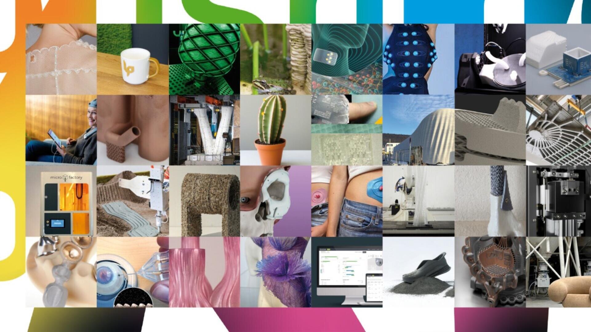 A collage of colorful, diverse images including 3D-printed objects, plants, textiles, technology devices, and abstract shapes, all arranged in a grid over a vibrant background with bold, blended colors.