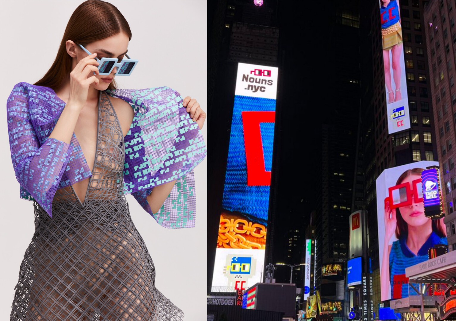 A model in a futuristic, textured dress and pixelated jacket poses with geometric sunglasses; next to her, a Times Square digital billboard displays the same image of her wearing the glasses at night.
