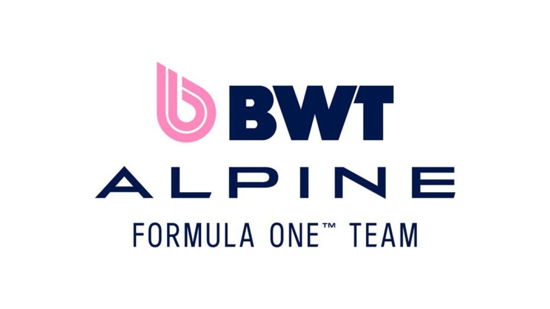 The logo features a pink and white BWT symbol above the bold blue text BWT, with ALPINE and FORMULA ONE™ TEAM written below in navy blue on a white background.