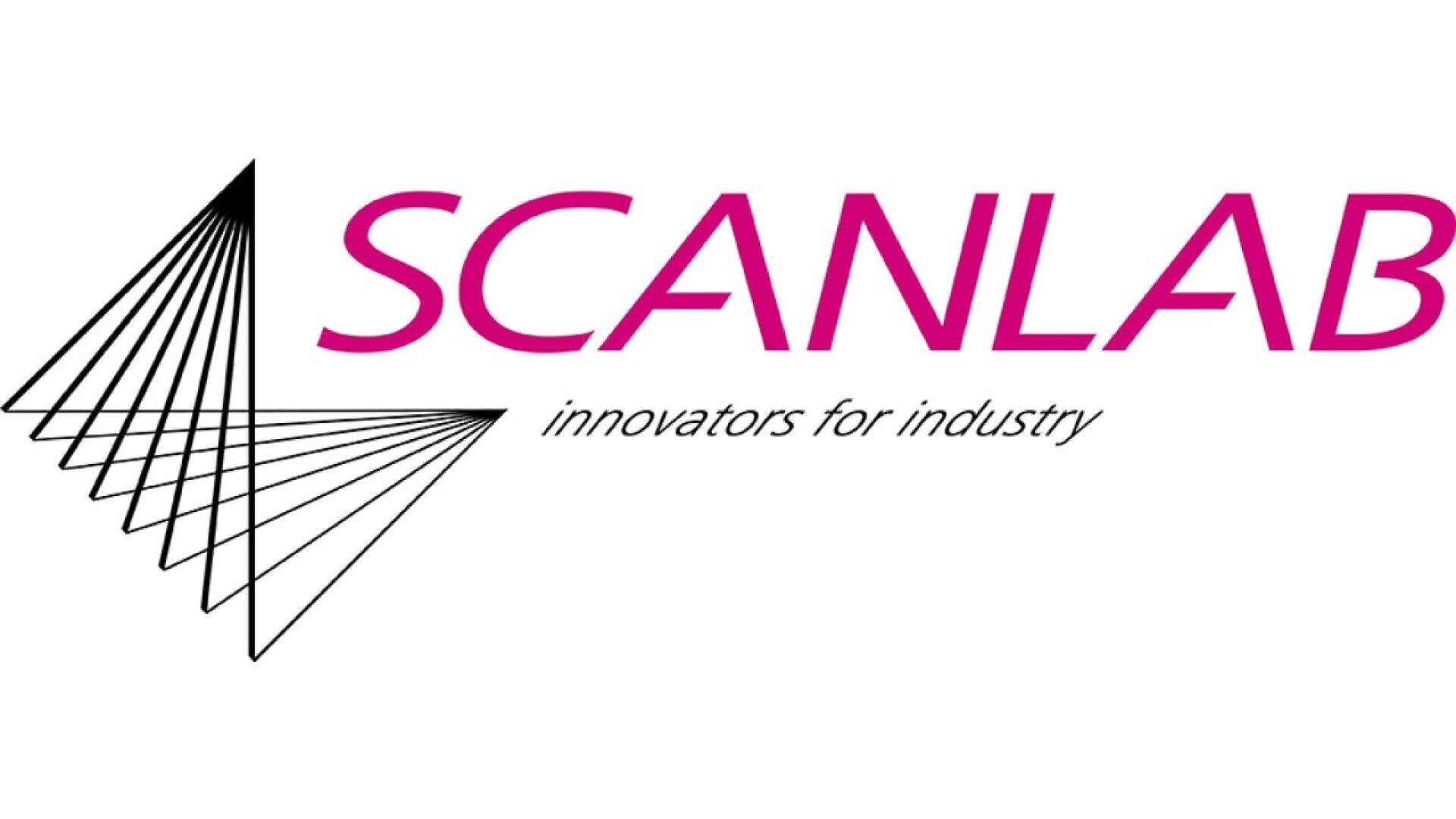 SCANLAB logo with angular, overlapping black lines on the left and “SCANLAB” in large pink text on the right. Below, in smaller italic font, it reads “innovators for industry.”.