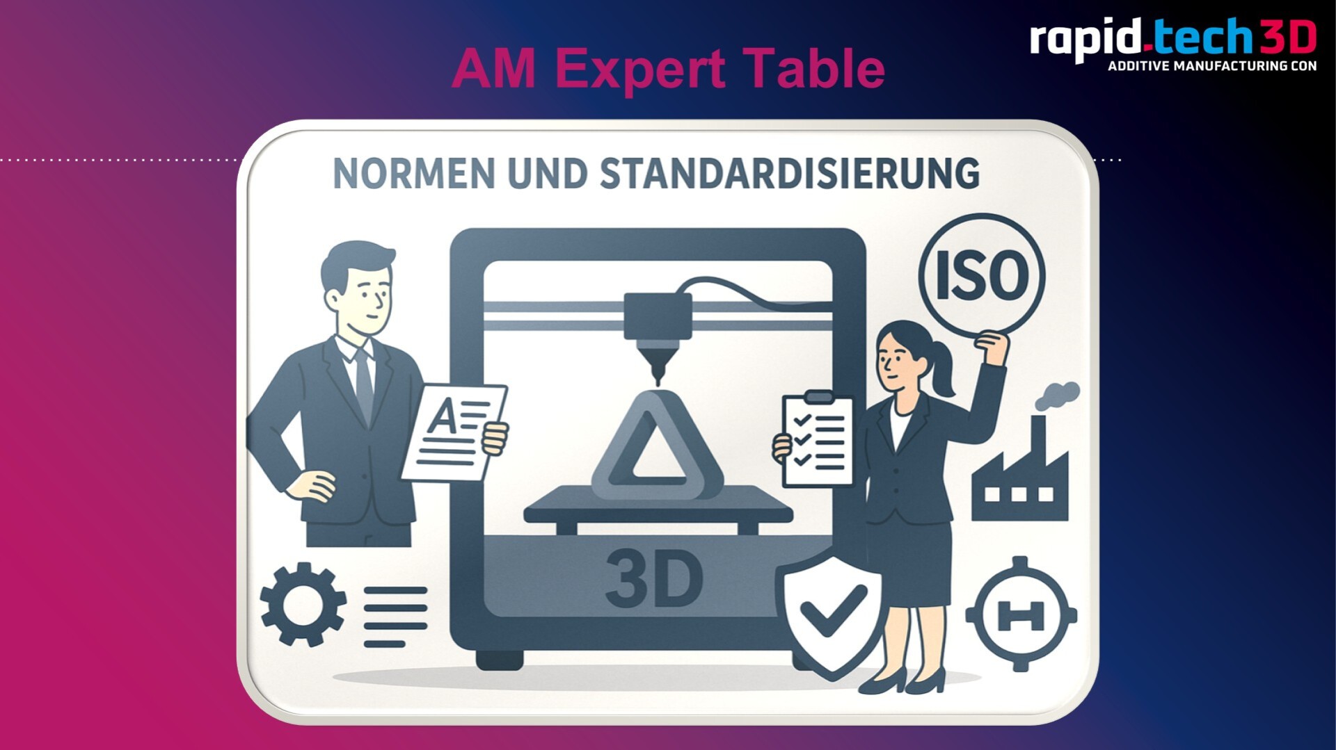 Illustration of two people discussing 3D printing standards. A 3D printer creates a triangle object. One person holds papers, the other holds an ISO sign. Various industry and certification icons are shown. Text: NORMEN UND STANDARDISIERUNG.