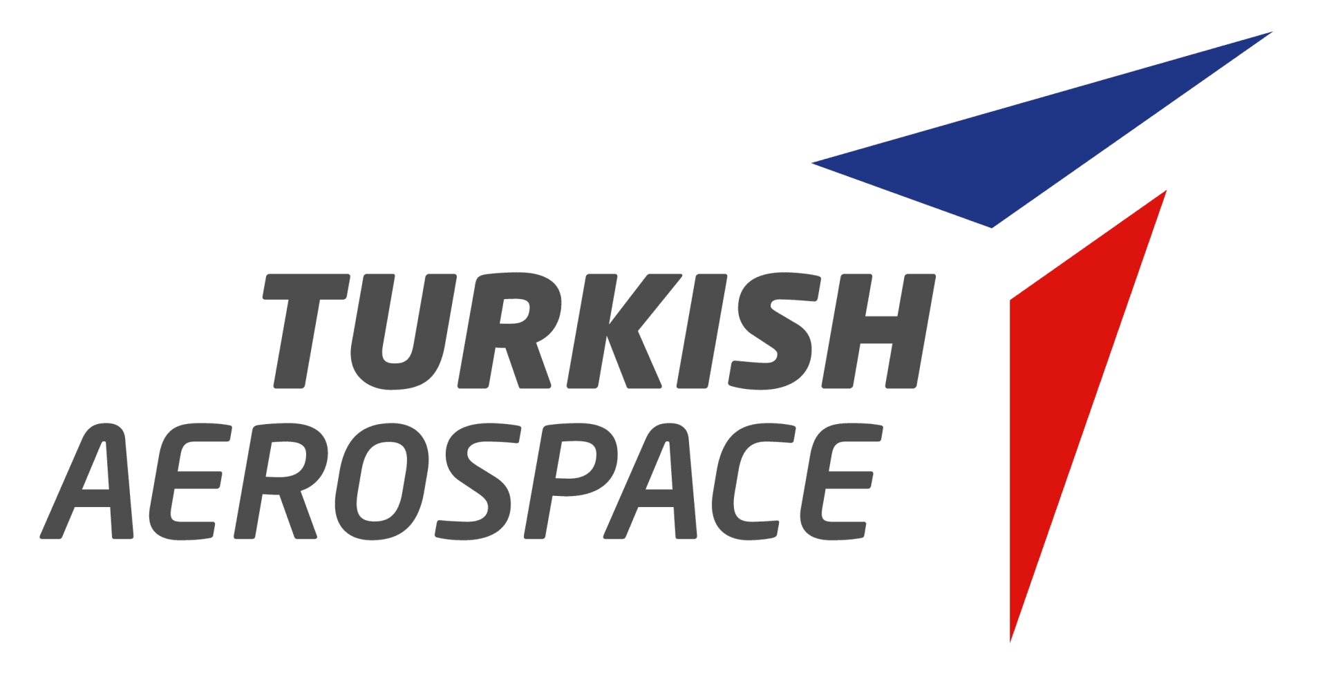 Logo von Turkish Aerospace mit den Worten „TURKISH AEROSPACE“ in fetten grauen Buchstaben und einer stilisierten blauen und roten Pfeilform über und rechts vom Text, die an ein abstraktes Flugzeug erinnert.
