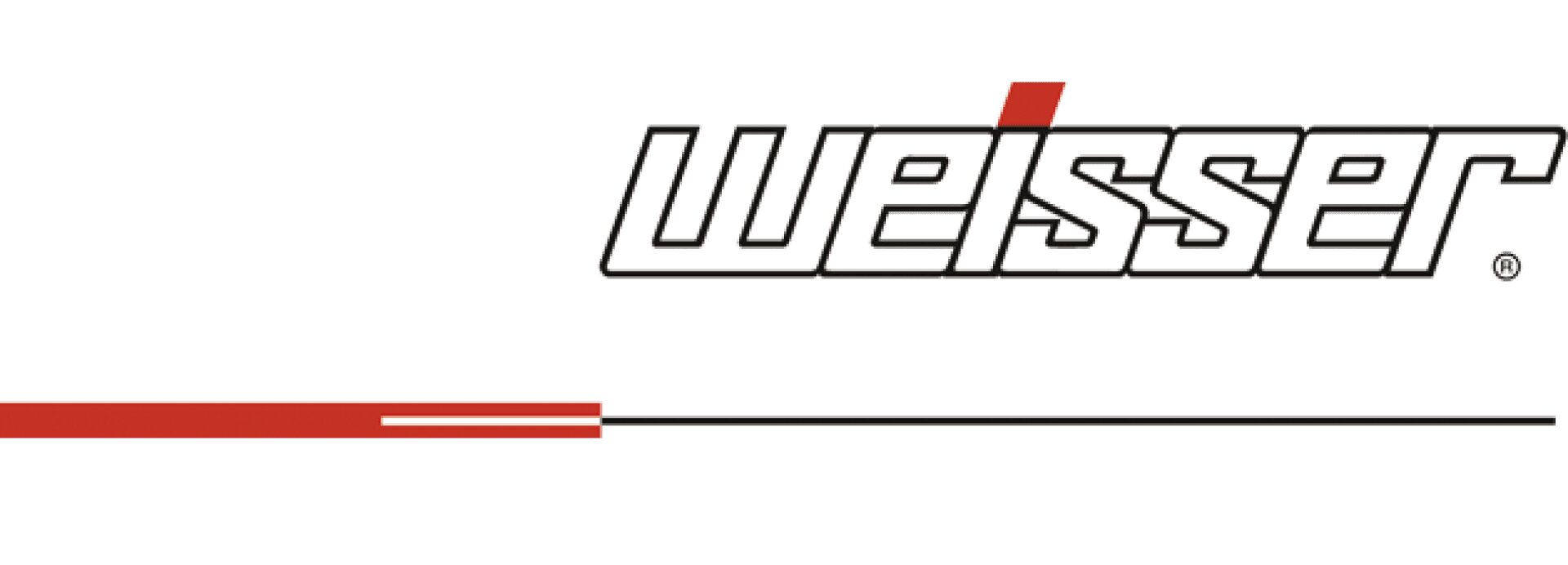 Das Bild zeigt das Weisser-Logo mit dem Wort Weisser in fetten, umrandeten Buchstaben. Darunter verläuft eine rote horizontale Linie, mit einem dickeren roten Segment auf der linken Seite.