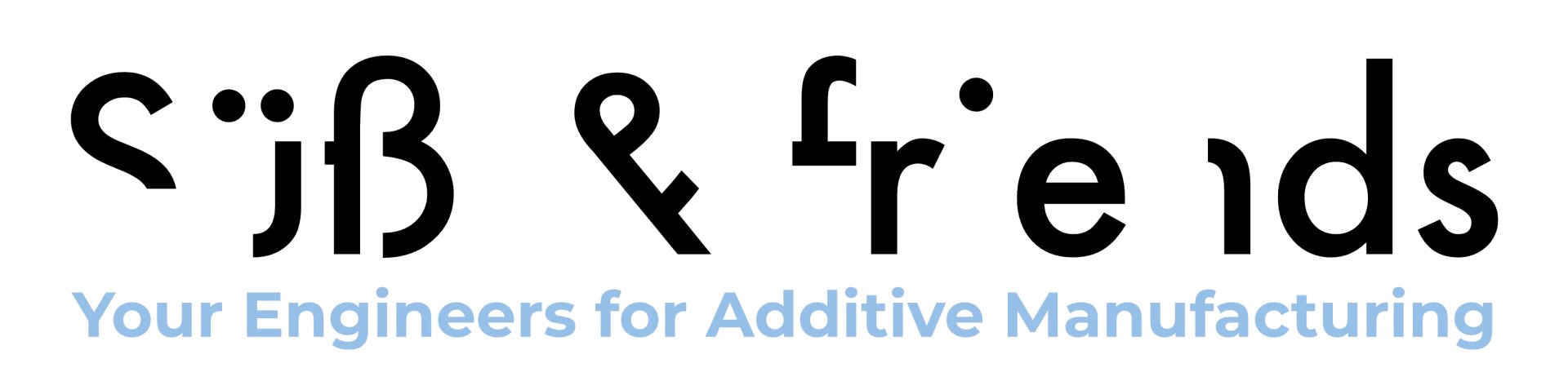 Logo mit stilisiertem schwarzen Text „sys & friends“ in einzigartigen Buchstabenformen und hellblauem Slogan darunter mit der Aufschrift „Ihre Ingenieure für additive Fertigung“ auf weißem Hintergrund.