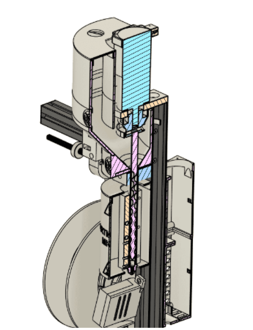 Ein Querschnittsdiagramm eines vertikalen mechanischen Geräts, das die internen Komponenten zeigt, darunter einen Motor, Zahnräder, Wellen und einen blauen Flüssigkeits- oder Filterabschnitt oben.