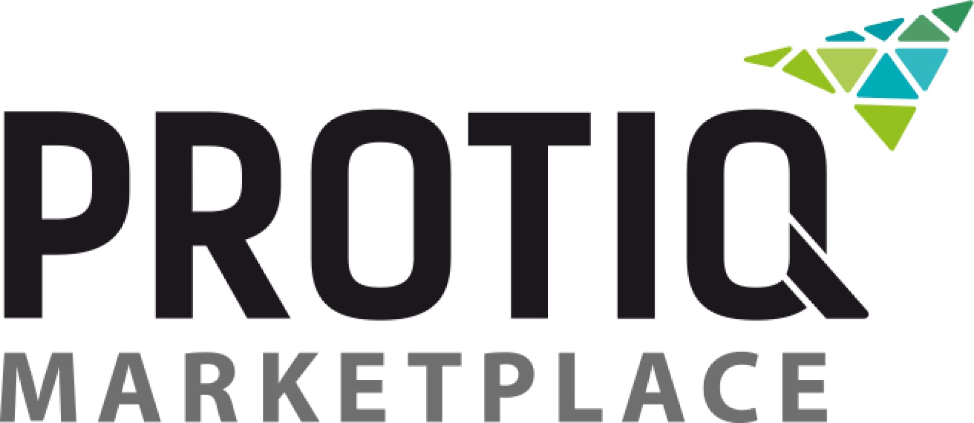Logo für PROTIQ MARKETPLACE mit dem Wort PROTIQ in fetten schwarzen Buchstaben, MARKETPLACE in kleineren grauen Buchstaben darunter und einem dreieckigen Mosaikdesign in Grün und Blau oben rechts.