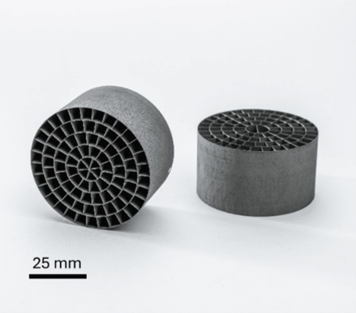 Zwei zylindrische Objekte mit einem gitterartigen Muster auf der Oberfläche sind auf weißem Hintergrund dargestellt. Ein Maßstab unter den Objekten zeigt eine Länge von 25 mm an.