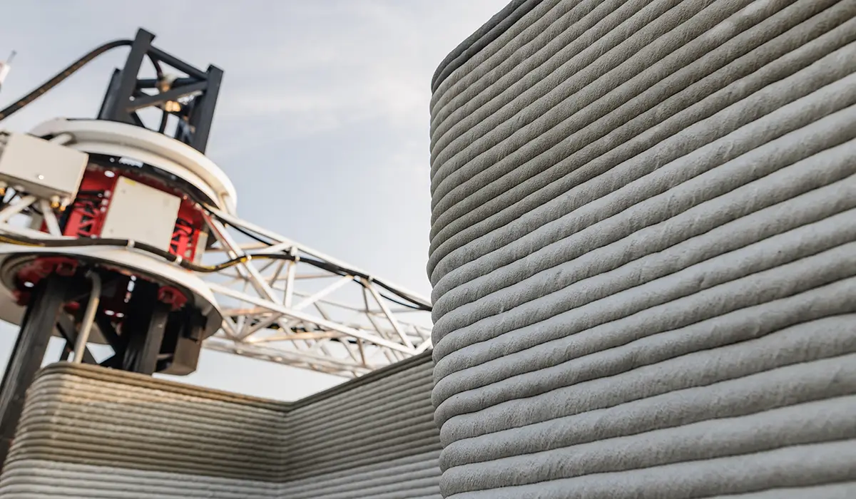A large-format 3D printer applies concrete layer by layer to construct the walls of a building – a modern application of 3D printing in construction.