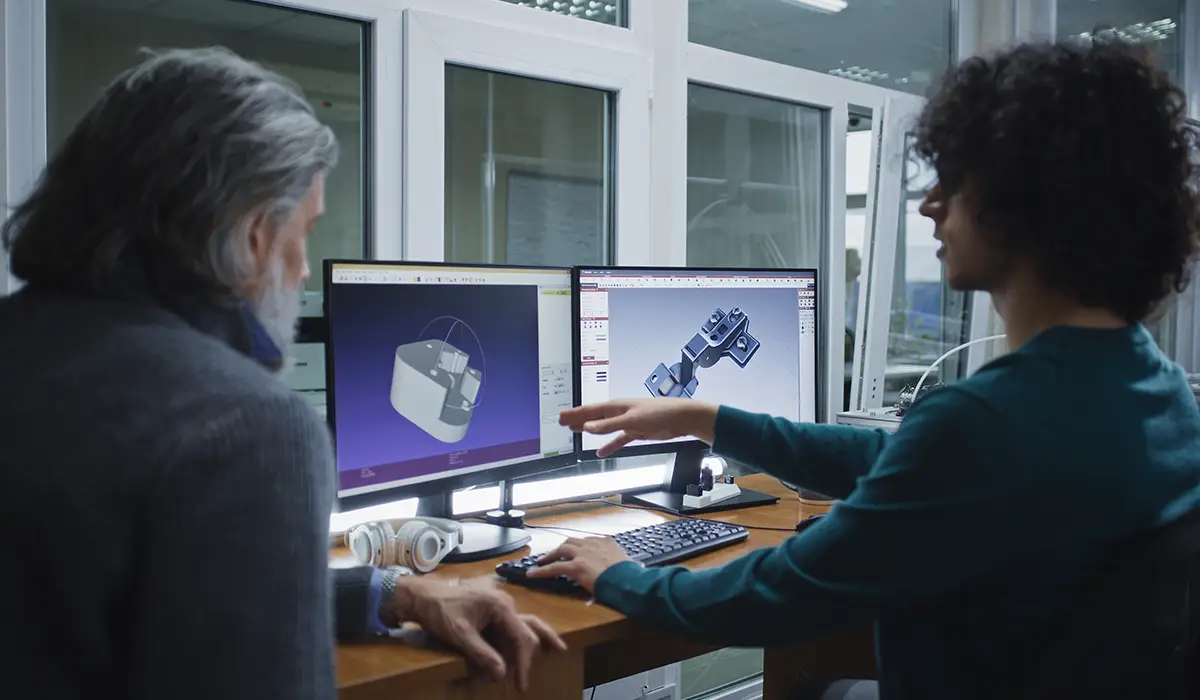 Two people are working together at a computer workstation, viewing 3D models of technical components on two monitors, presumably as part of a design or 3D printing project.